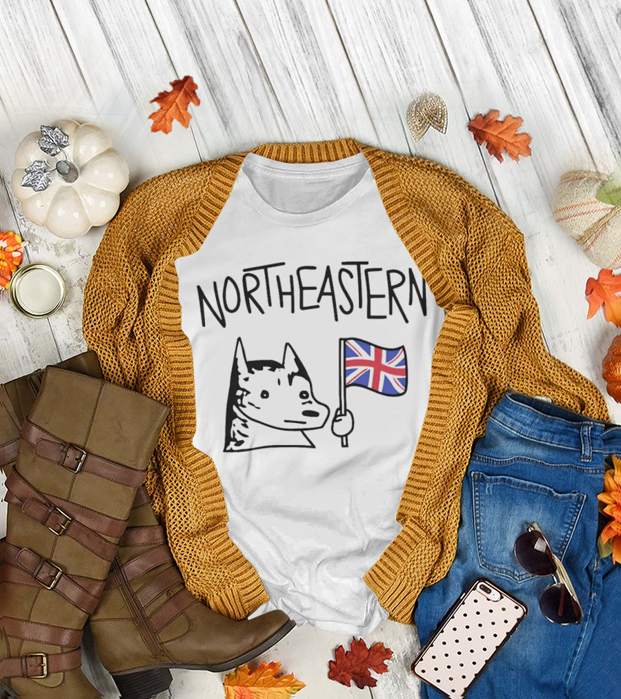 Northeastern Dog Holding Union Jack Flag T-Shirt