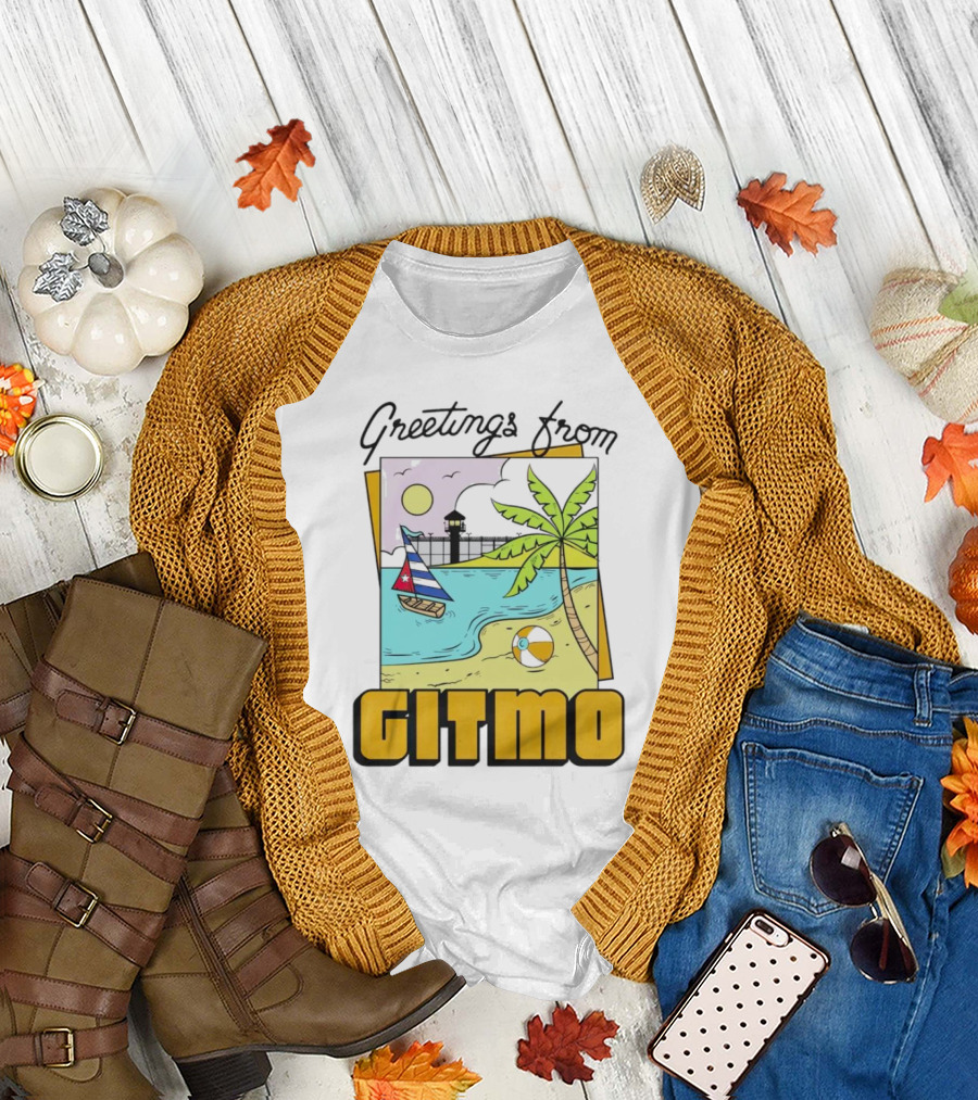 Greetings from Gitmo Palm Beach Scene with Sailboat and Volleyball T-Shirt