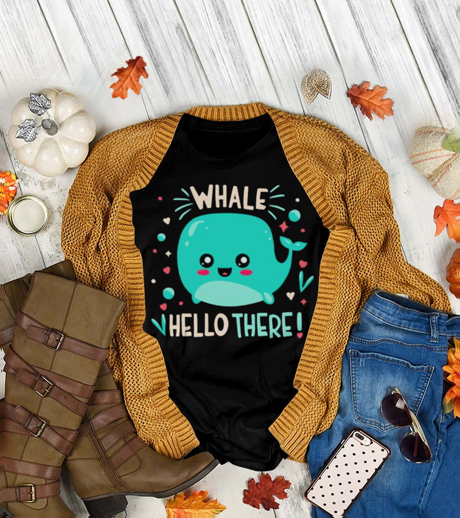Whale Hello There Cute Cartoon Aqua Whale Design with Hearts and Stars T-Shirt