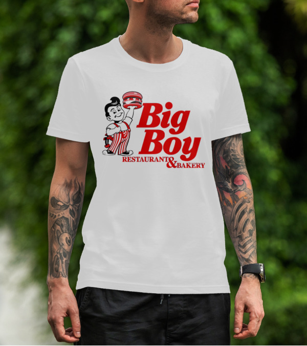 Big Boy Restaurant And Bakery Logo - Iconic Red Text With Burger Mascot T-Shirt
