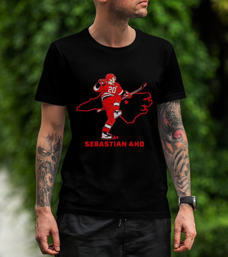 Sebastian Aho 20 Carolina Hurricanes State Outline T-Shirt