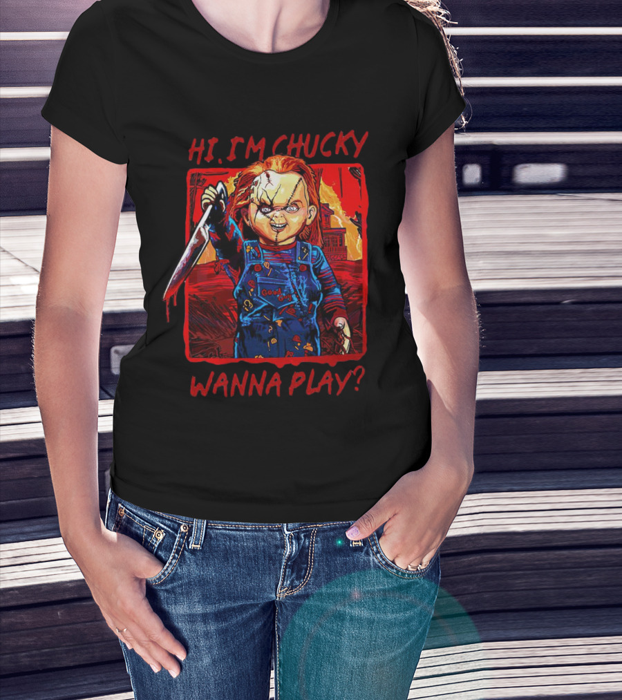 Hi I'm Chucky Wanna Play Creepy Doll With Knife And Overalls T-Shirt