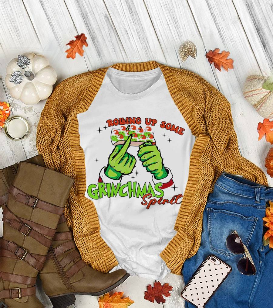 Rolling Up Some Grinchmas Spirit With Green Hands And Stars T-Shirt