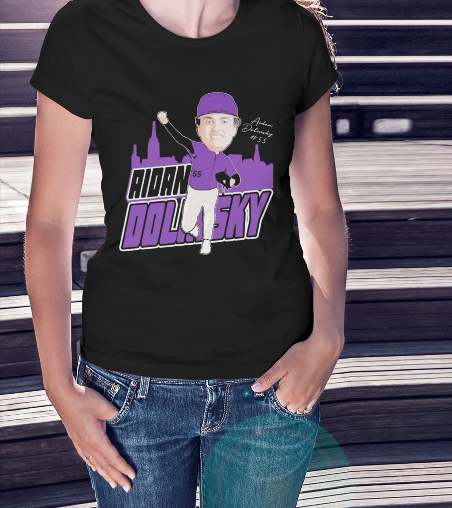 Woman with hands in pockets wearing Aidan Dolinsky #55 NYU Baseball Purple City Skyline Signature T-Shirt.
