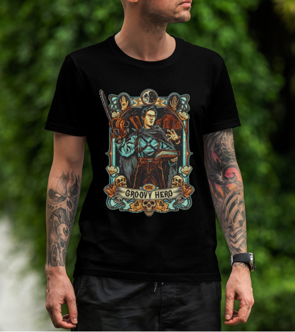 The Groovy Hero Chainsaw Warrior Moon Necronomicon Skulls T-Shirt