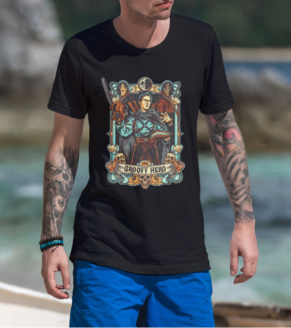 The Groovy Hero Chainsaw Warrior Moon Necronomicon Skulls T-Shirt