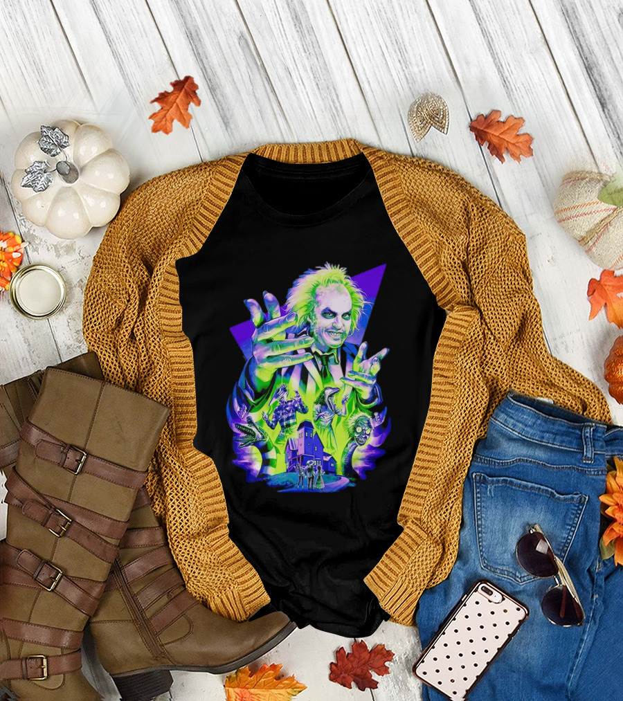 Beetlejuice Specter in Striped Suit Neon Art 80s Horror Movie Icons T-Shirt
