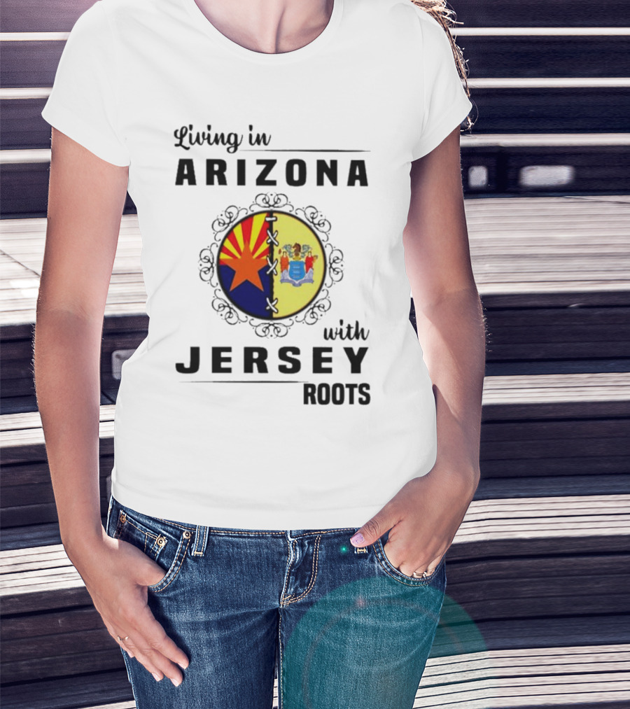 Living In Arizona With Jersey Roots Arizona New Jersey State Flag Circle T-Shirt