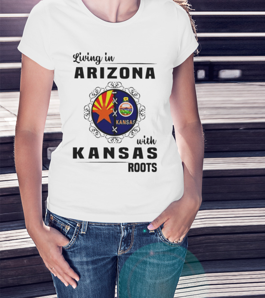Living In Arizona Embracing Kansas Roots With State Seal Elements T-Shirt