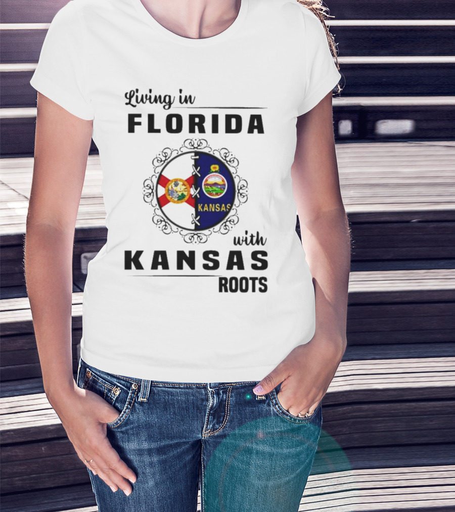 Living In Florida With Kansas Roots State Flags Emblem T-Shirt