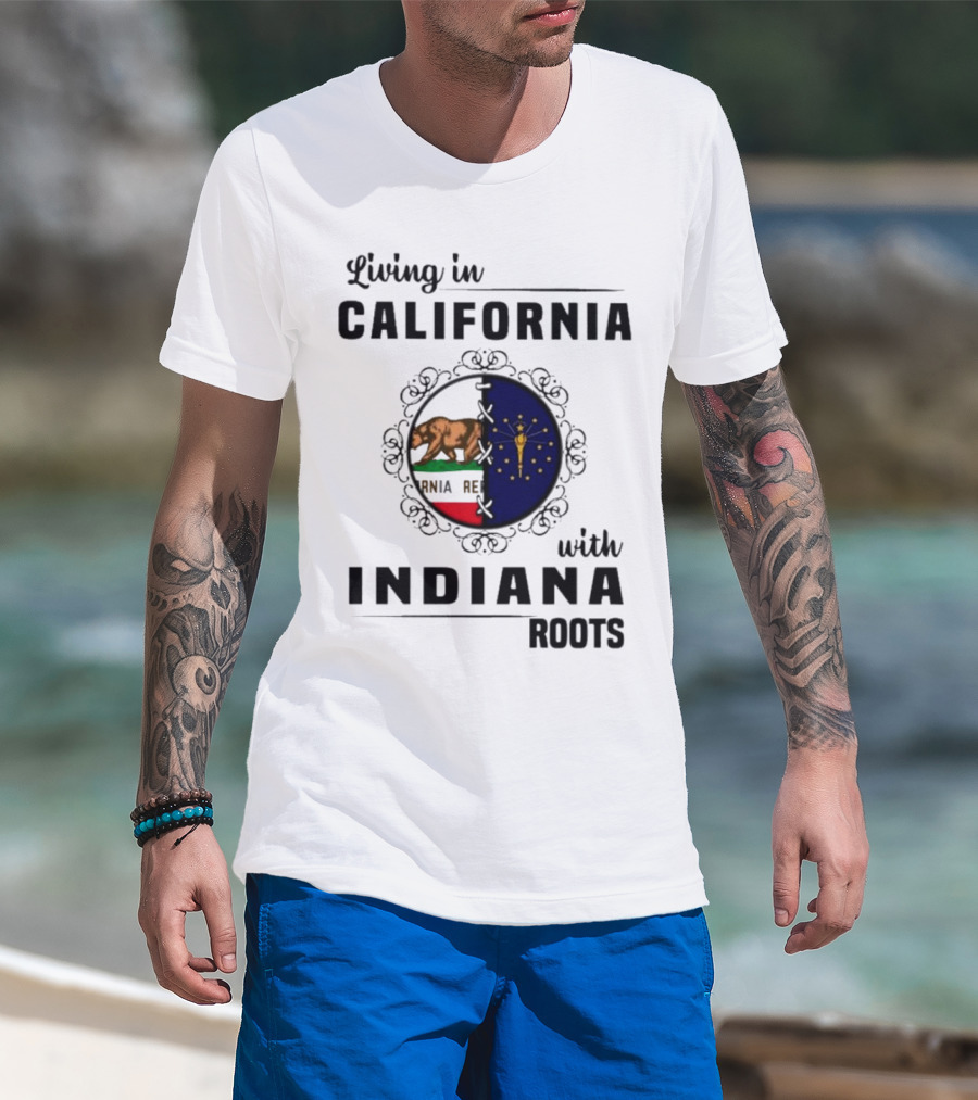 Living In California With Indiana Roots Bear And Torch Flag Emblem T-Shirt
