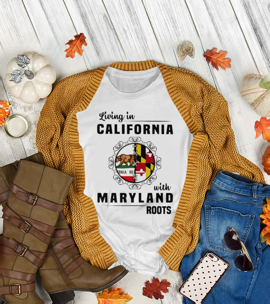 Living In California Bear Flag With Maryland Roots Flag Puzzle T-Shirt