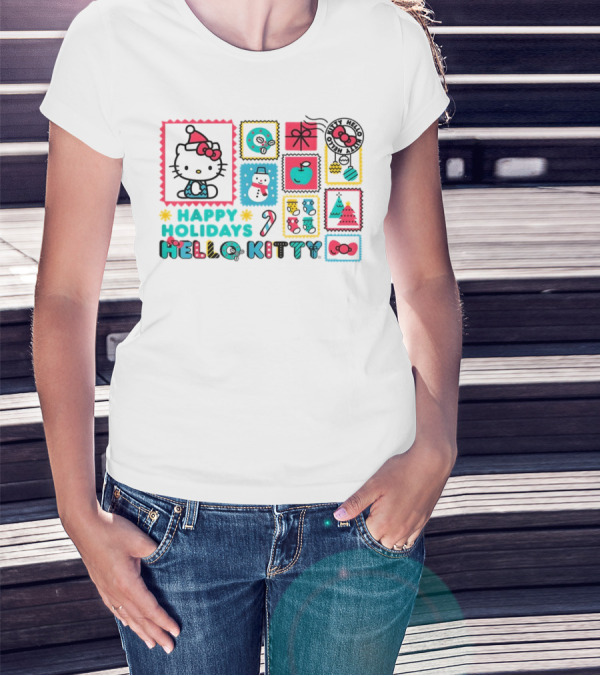 Happy Holidays Hello Kitty Merry Christmas Candy Cane Bow Trees Gift Snowman T-Shirt