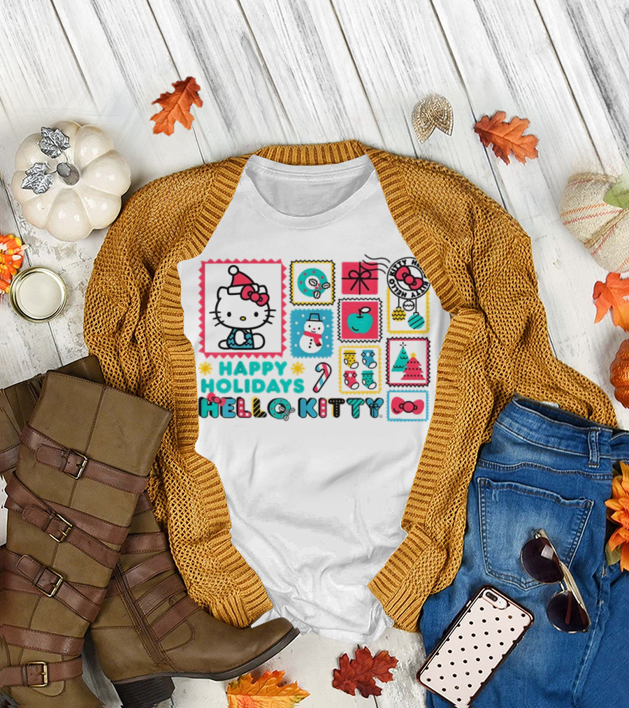 Happy Holidays Hello Kitty Merry Christmas Candy Cane Bow Trees Gift Snowman T-Shirt