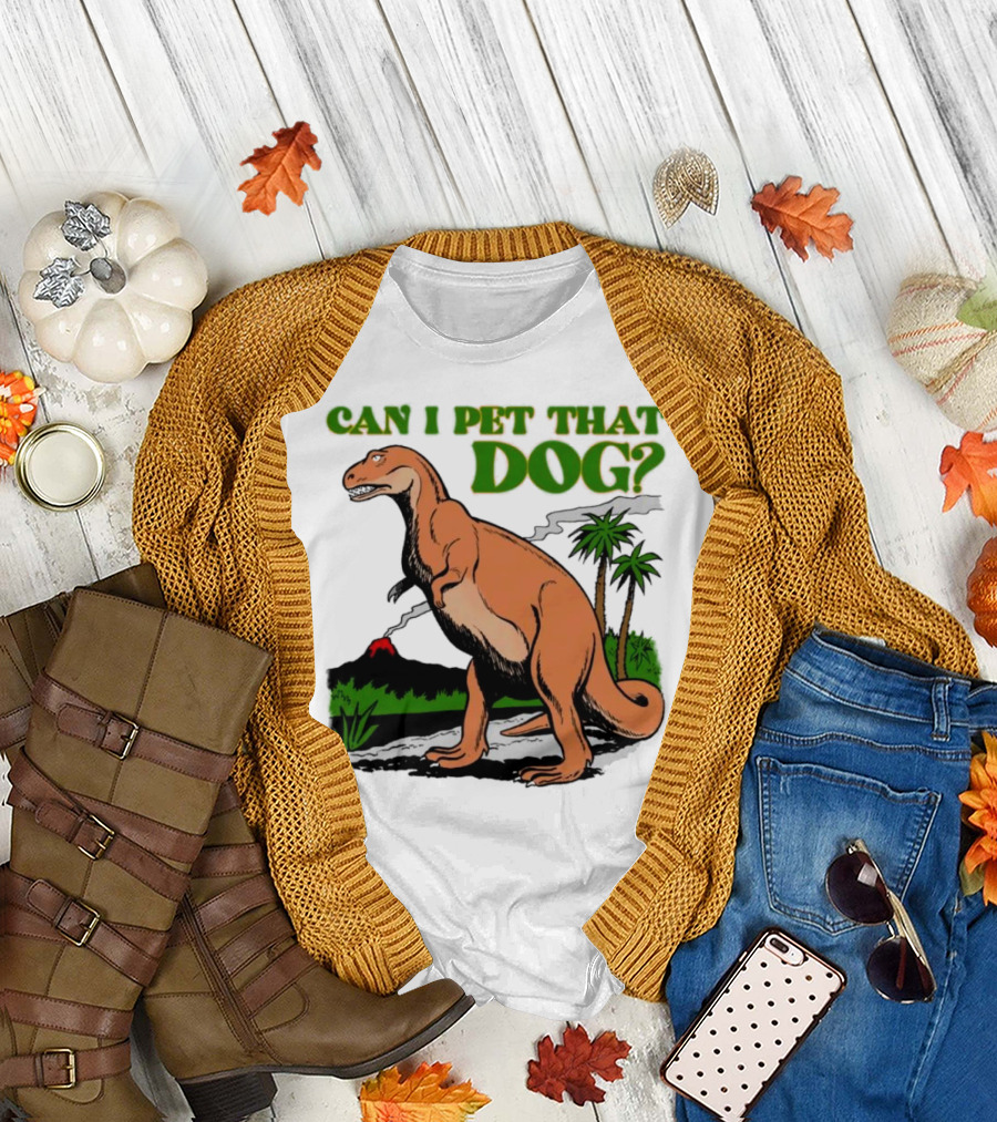 Can I Pet That Dog Dinosaur Volcano and Palm Trees T-Shirt
