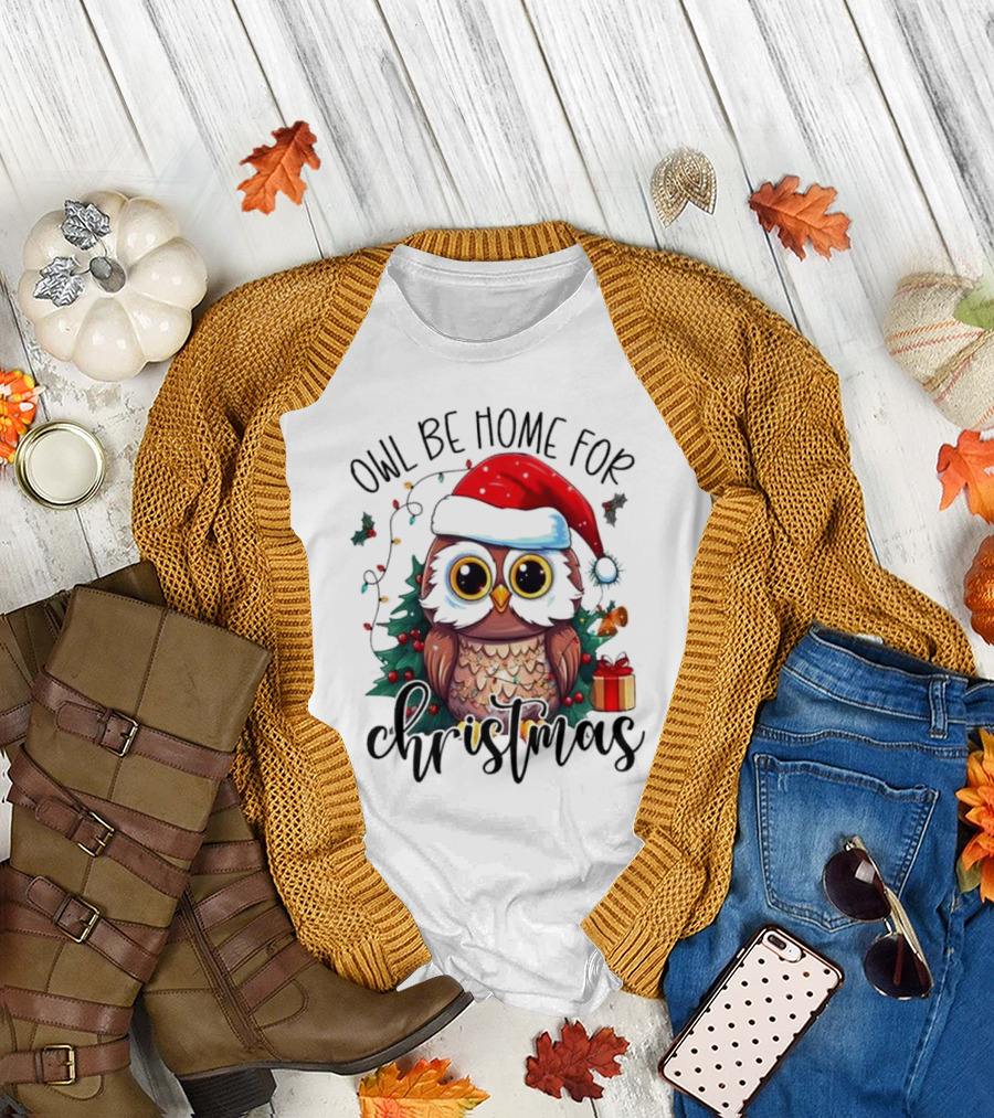 Owl Be Home for Christmas Santa Hat Owl Festive Lights Gift Box T-Shirt
