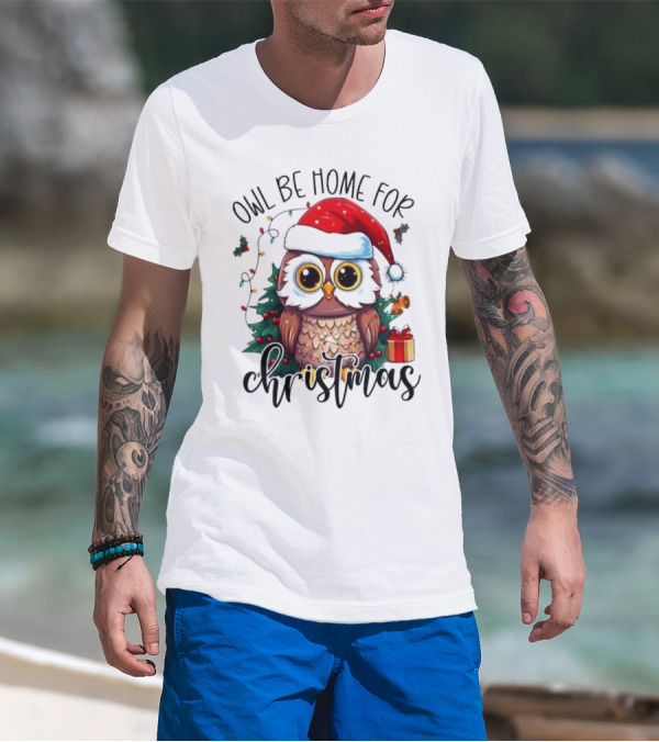 Owl Be Home For Christmas Santa Hat Owl Festive Lights Gift Box T-Shirt