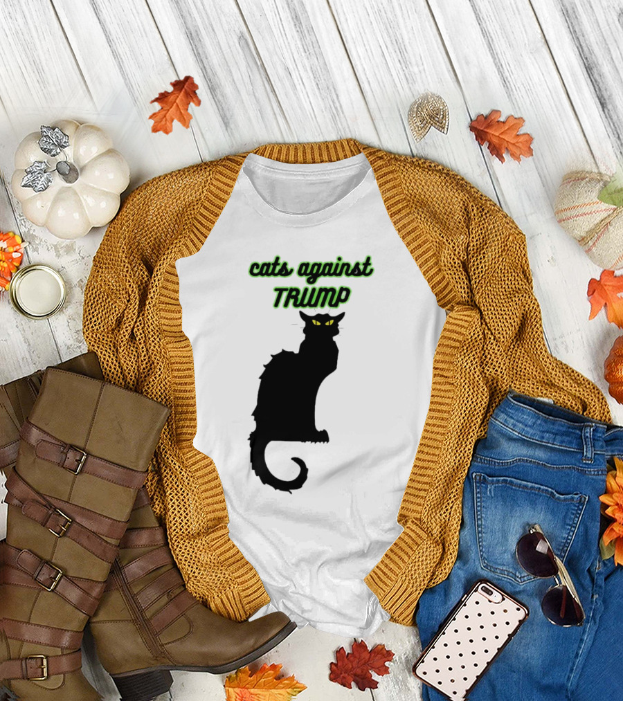 cats against trump black cat silhouette with glowing yellow eyes T-Shirt