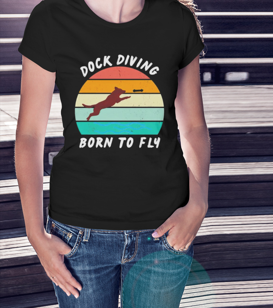 Dock Diving Born To Fly Vintage Retro Stripes Dog T-Shirt