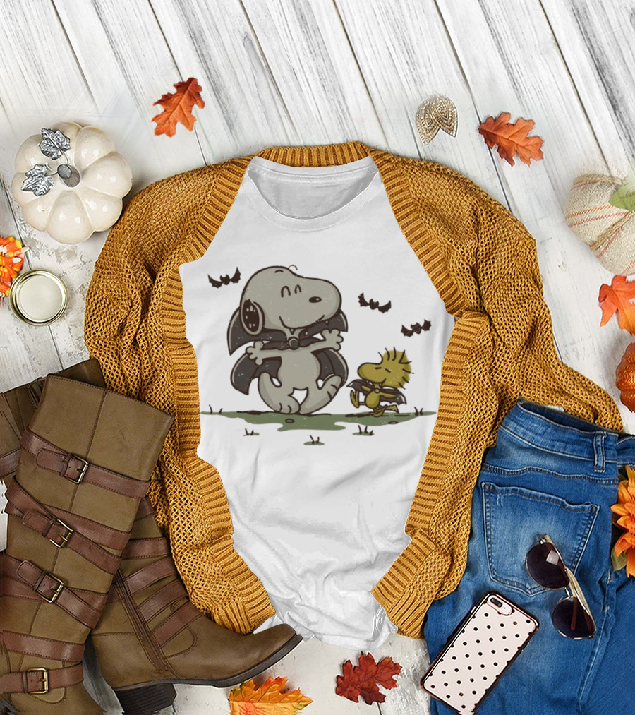 Snoopy and Woodstock Peanuts Spooky Halloween Fun T-Shirt