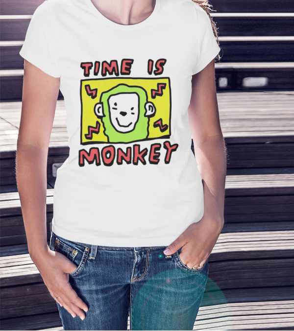 Time Is Monkey Green Highlighted Cartoon Face With Zigzag Lines T-Shirt