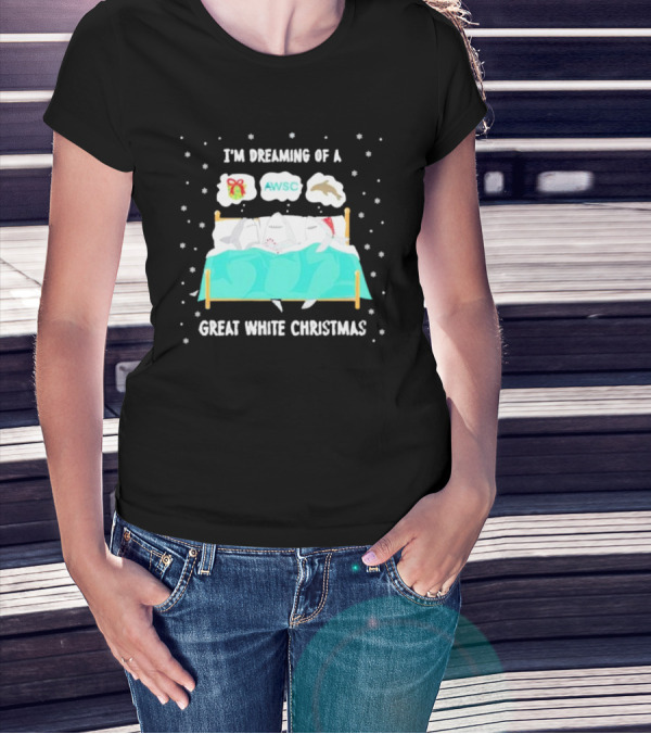 I'm Dreaming Of A Great White Christmas AWSC Shark In Bed With Snowflakes T-Shirt