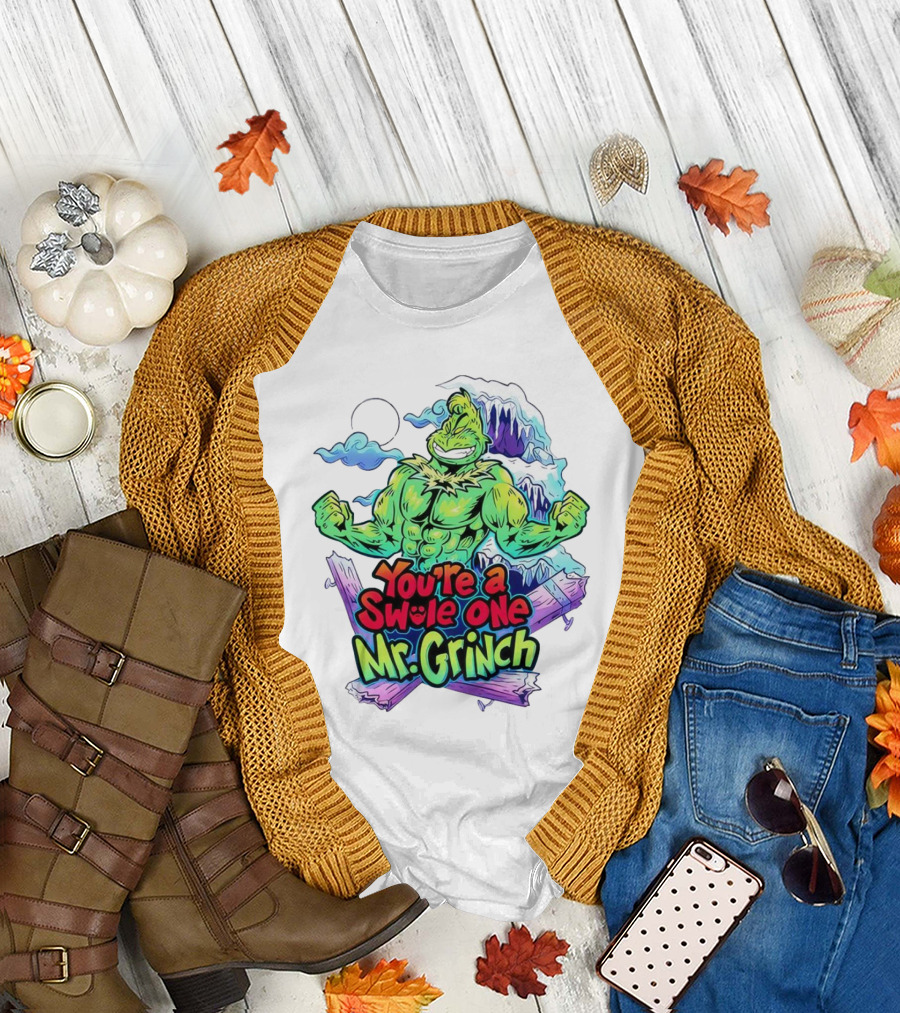 You’re a Swole One Mr Grinch Fitness Muskula Green Character with Frosted Mountain Background T-Shirt