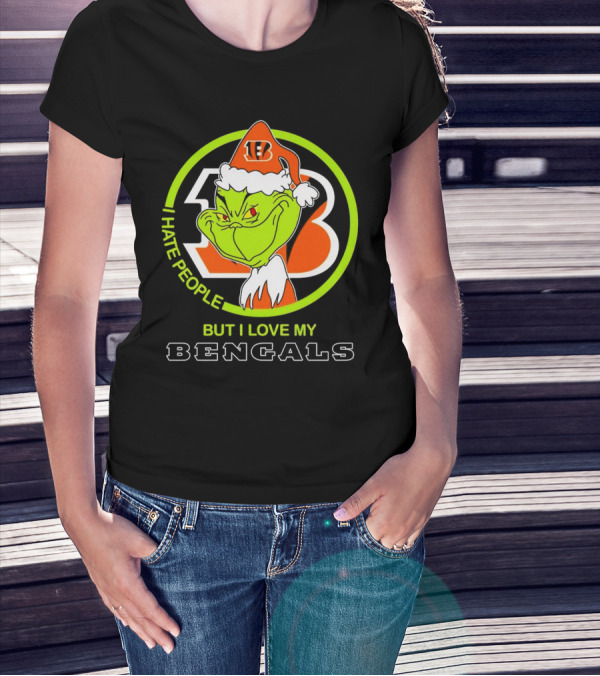 Grinch Santa Hat I Hate People But I Love My Bengals Football Fan T-Shirt