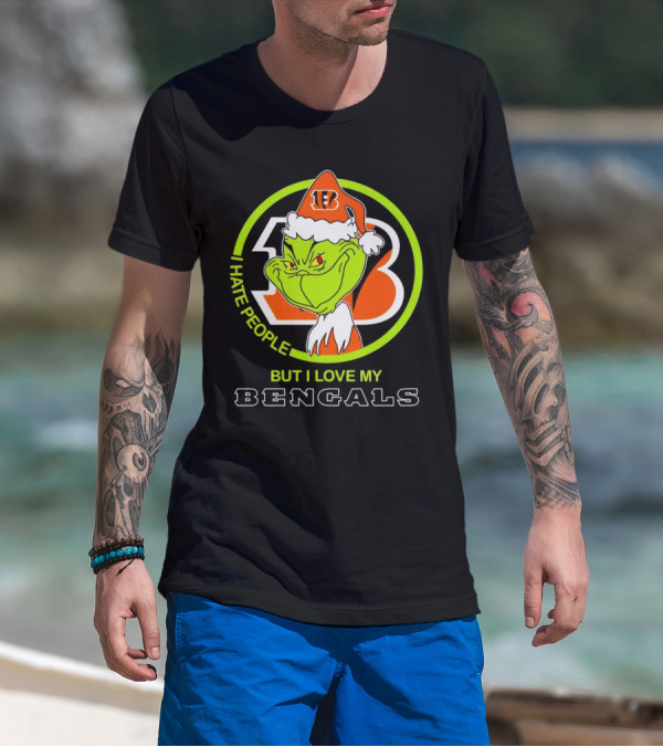 Grinch Santa Hat I Hate People But I Love My Bengals Football Fan T-Shirt