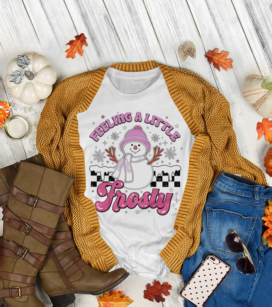 Feeling a Little Frosty Pink Snowman with Scarf and Hat Winter T-Shirt