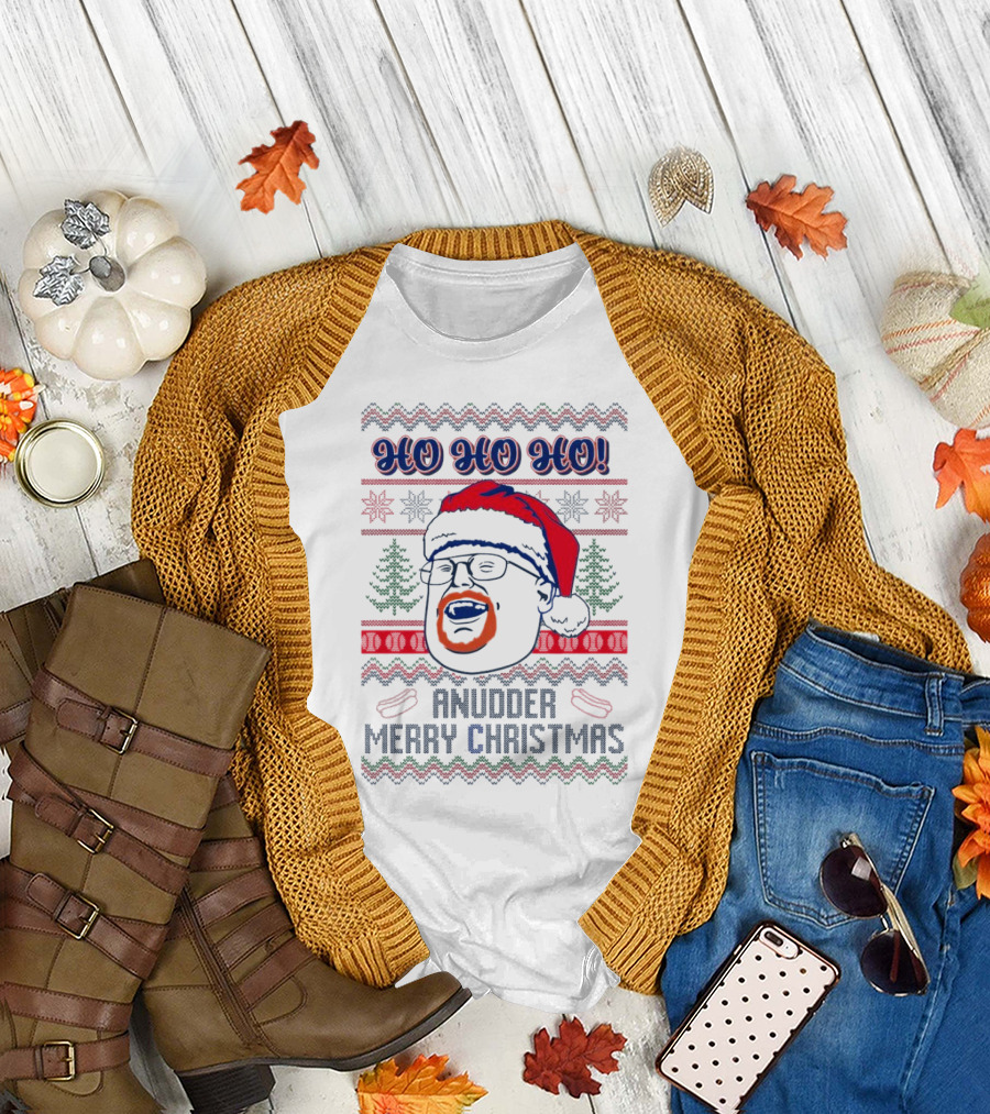 HO HO HO Anudder Merry Christmas Ugly Santa Beard Trees Snowflakes Sausages T-Shirt