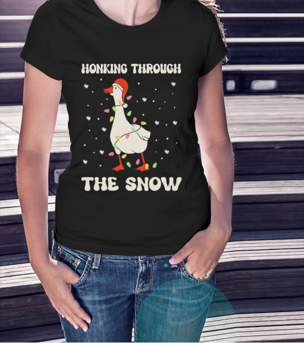 Honking Through The Snow Goose Wrapped In Christmas Lights T-Shirt