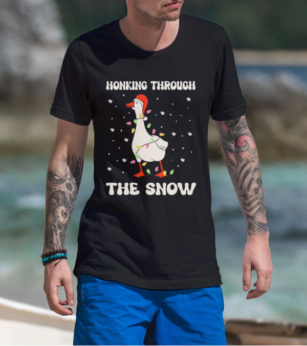 Honking Through The Snow Goose Wrapped In Christmas Lights T-Shirt