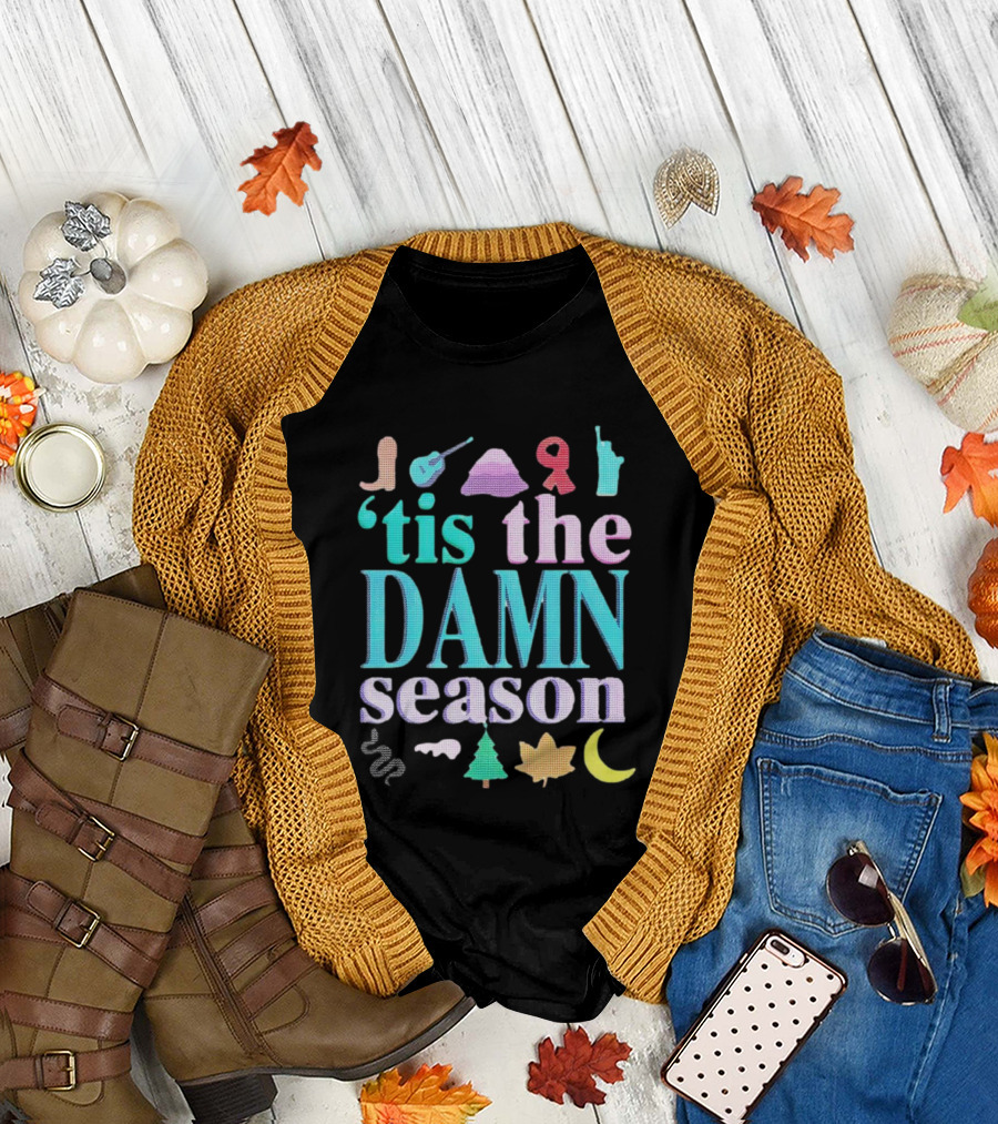Tis the Damn Season Christmas Cowboy Boot Guitar Tree Moon T-Shirt