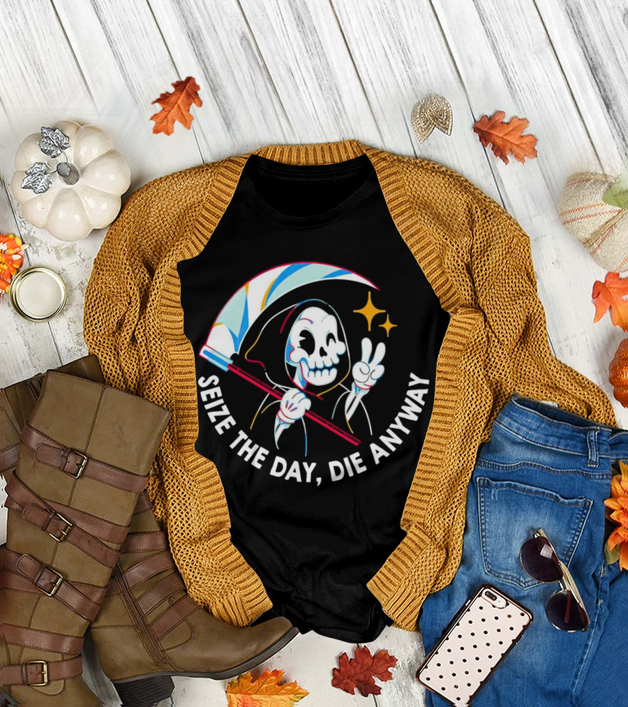 Seize the Day Die Anyway Grim Reaper Peace Sign T-Shirt