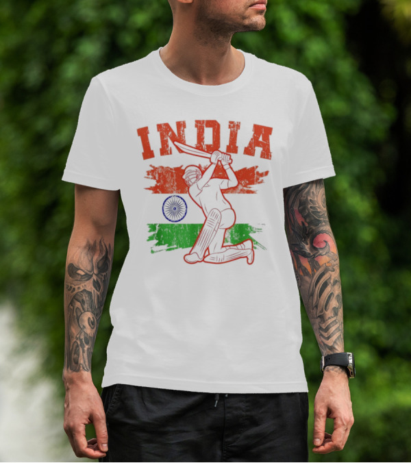 India Cricket Enthusiasts Batting Action With Ashoka Chakra T-Shirt