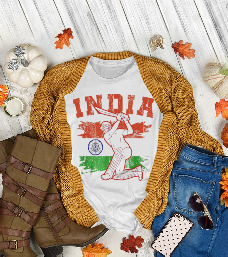 India Cricket Enthusiasts Batting Action with Ashoka Chakra T-Shirt