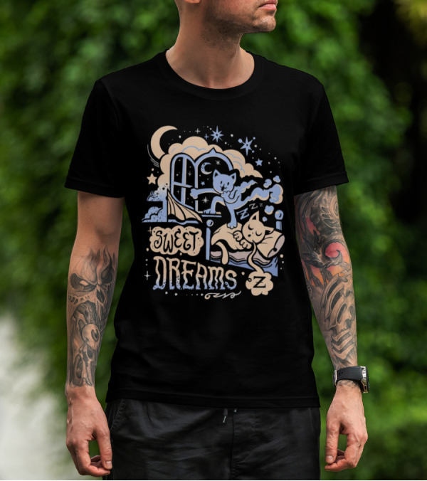 Sweet Dreams Dreaming Cat Under Moon And Stars T-Shirt