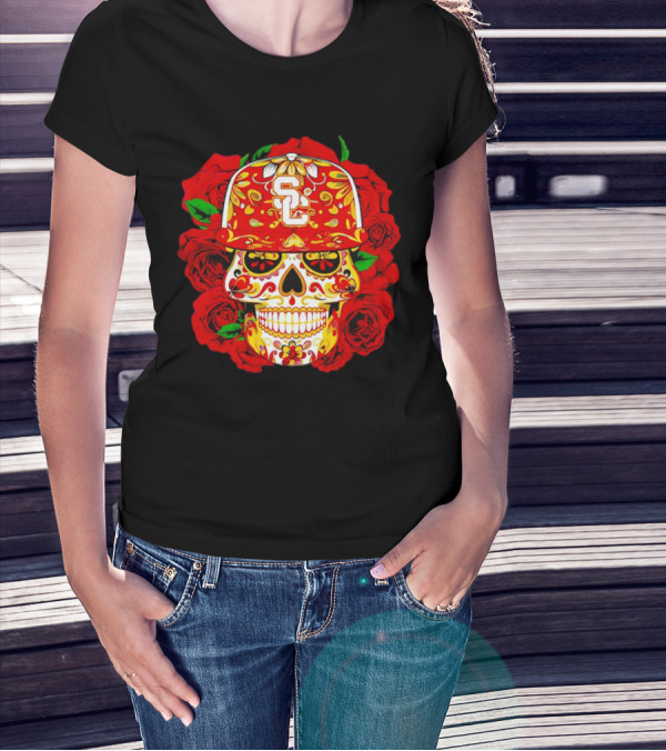 USC Sugar Skull With Roses And Cap T-Shirt