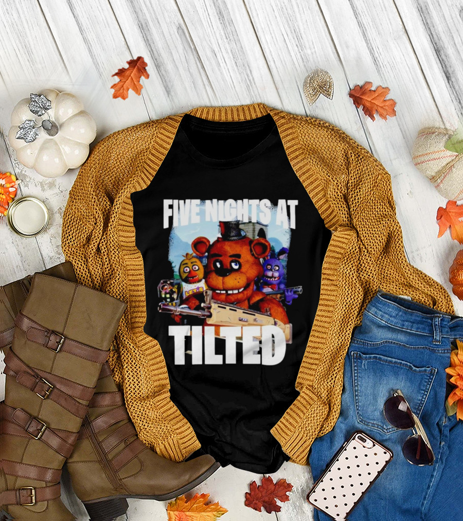 Five Nights at Tilted Freddy Bear Characters with Guns T-Shirt