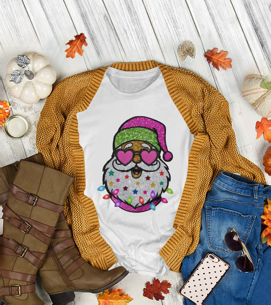 Glittery Pink Santa Claus with Heart Sunglasses and Colorful Stars and Holiday Lights T-Shirt