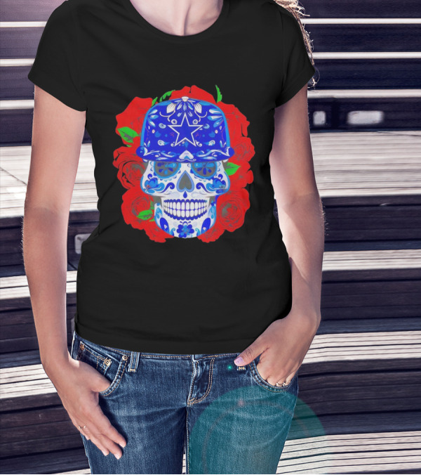 Dallas Cowboys Sugar Skull With Blue Star Hat And Roses T-Shirt