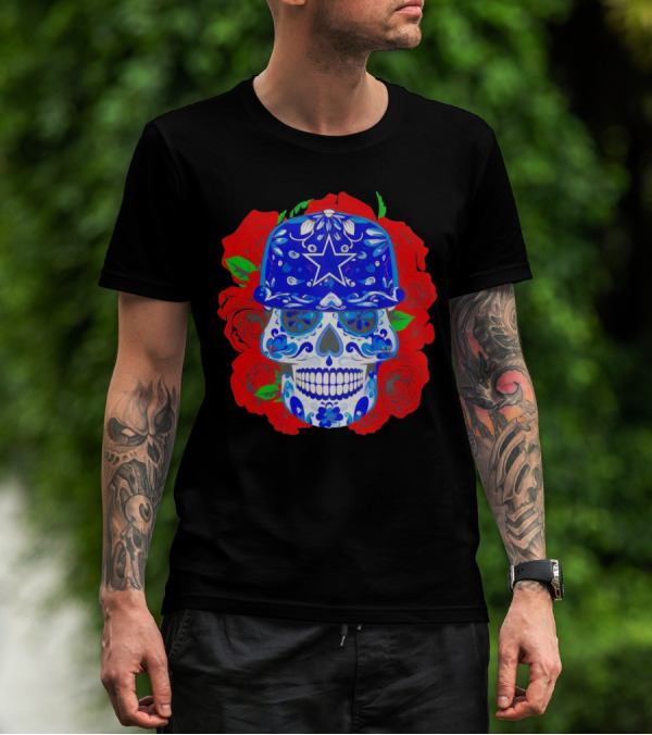 Dallas Cowboys Sugar Skull With Blue Star Hat And Roses T-Shirt