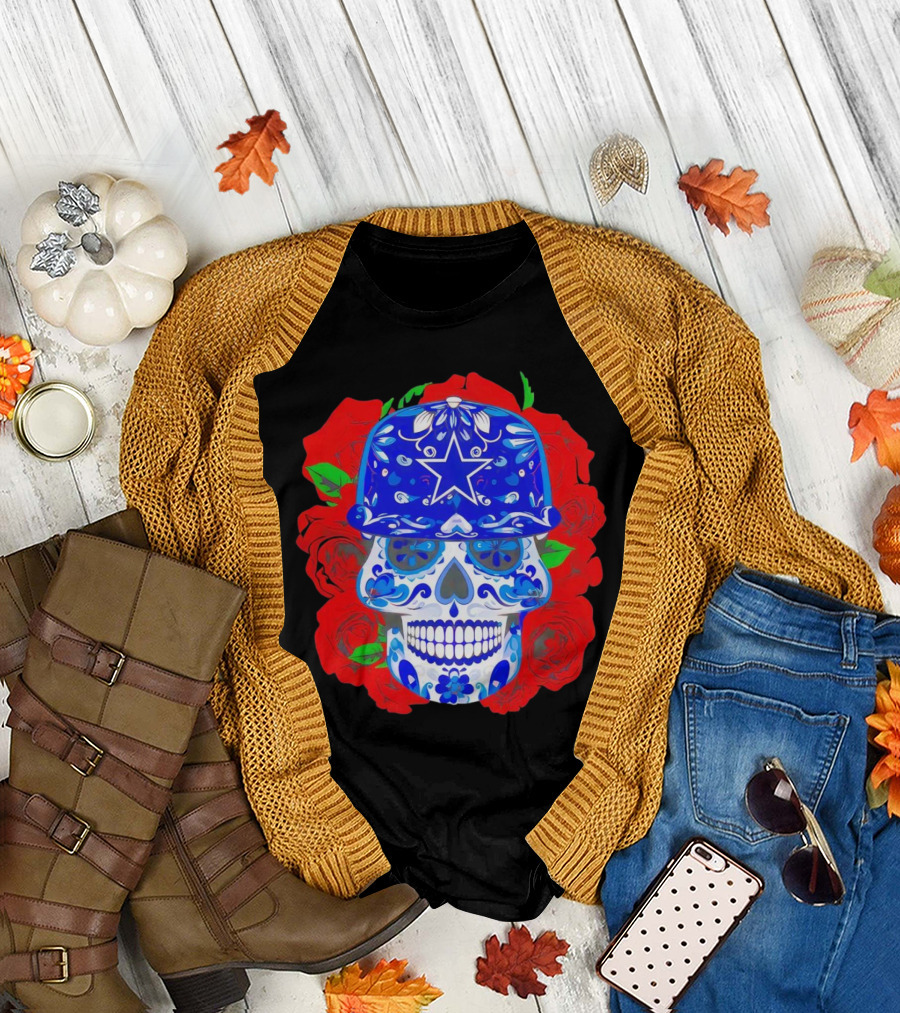 Dallas Cowboys Sugar Skull with Blue Star Hat and Roses T-Shirt