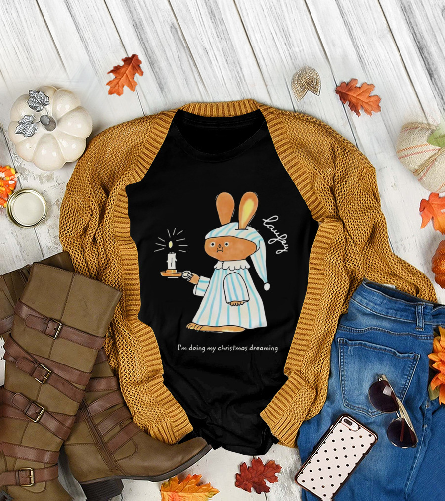 Laufey Bunny in Pajamas Holding Candle I'm Doing My Christmas Dreaming T-Shirt