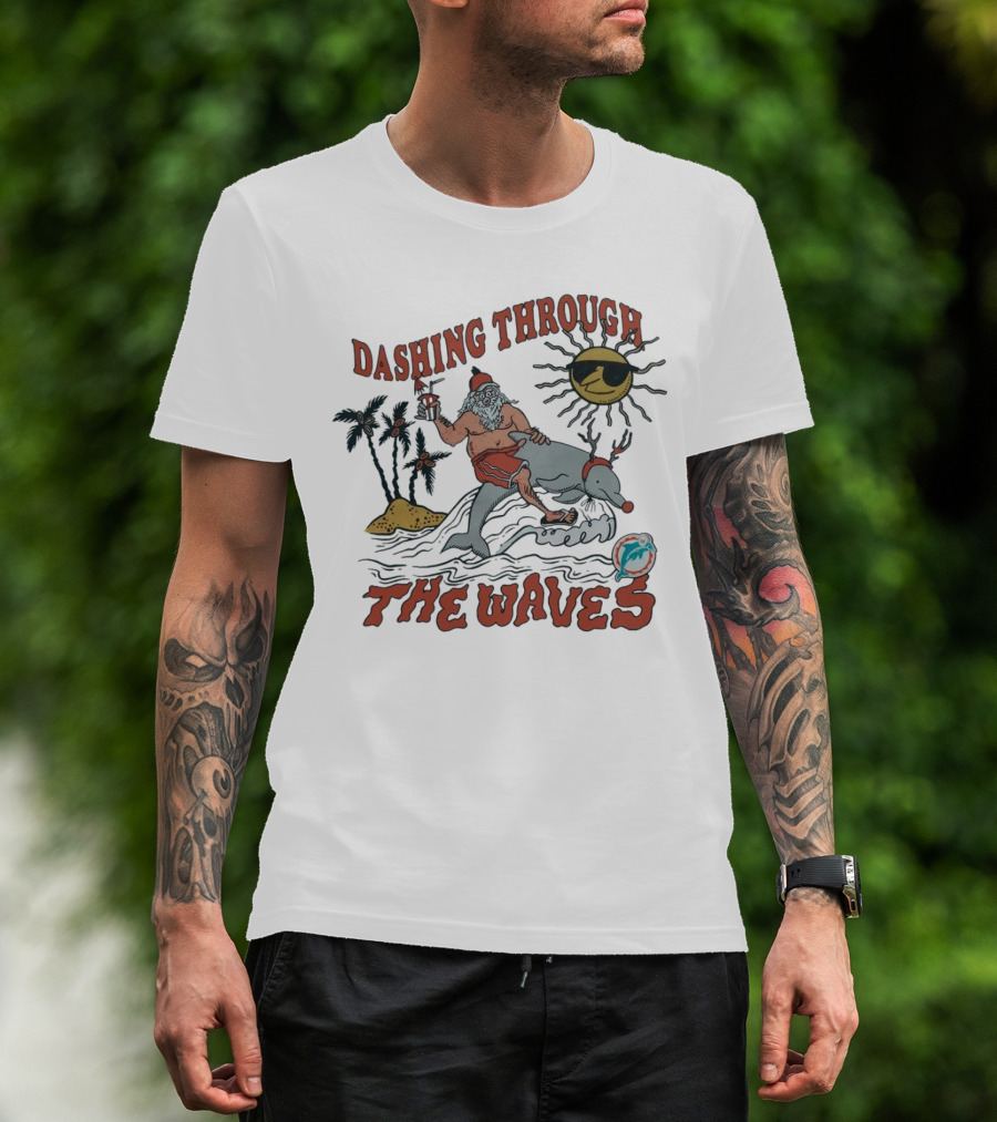 Dashing Through The Waves Miami Dolphins Christmas Santa Riding Dolphin T-Shirt