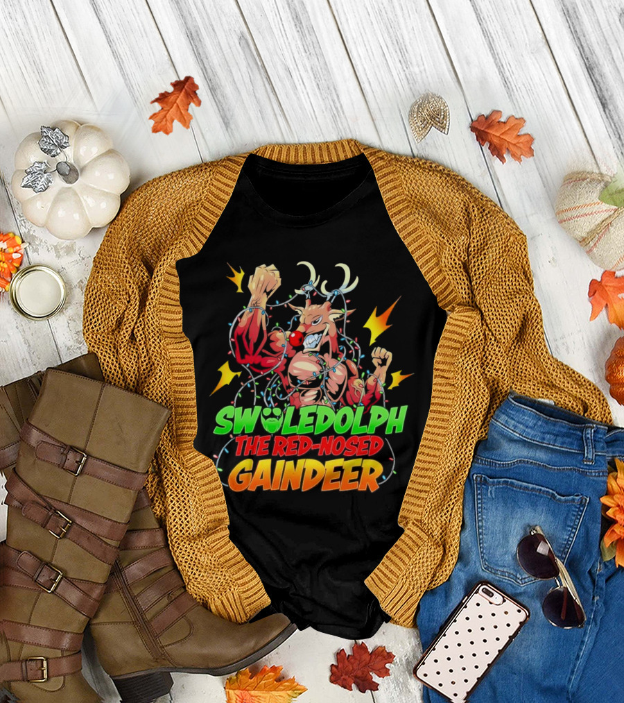 Swoledolph the Red-Nosed Gaindeer Christmas Lights Flexing T-Shirt