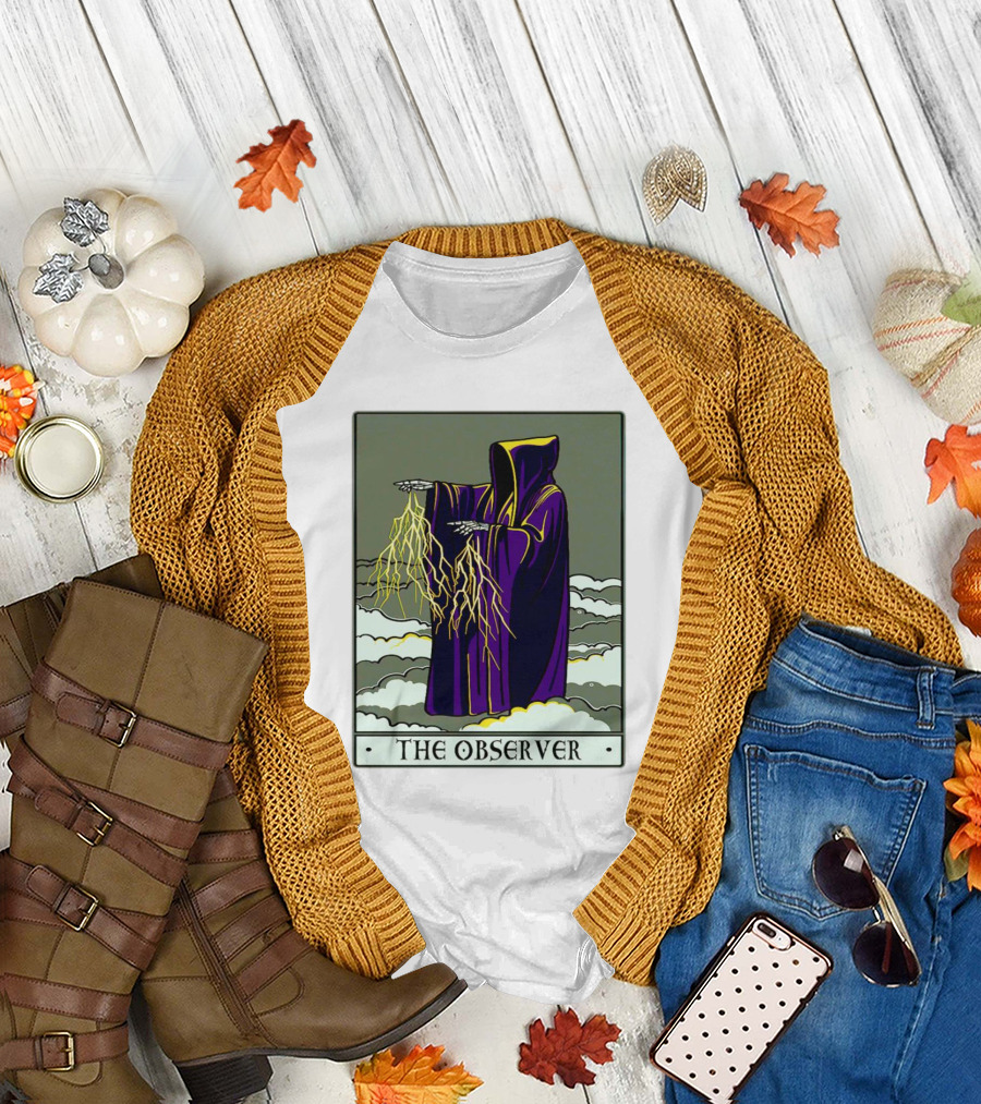 The Observer Hooded Figure with Lightning Tarot Card T-Shirt