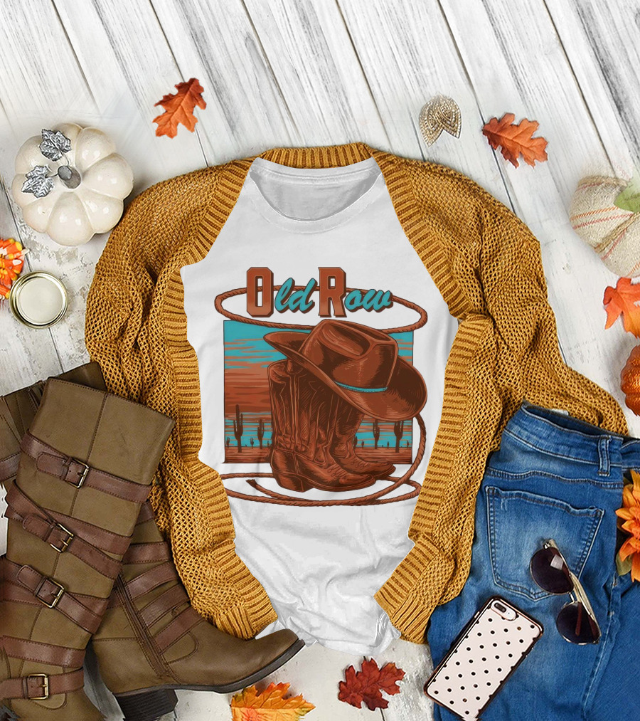 Old Row Western Cowboy Boots and Hat Desert Scene T-Shirt