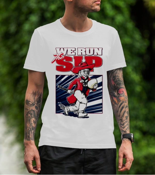 We Run The Sip Ole Miss Rebels Football Mascot Running With Ball T-Shirt
